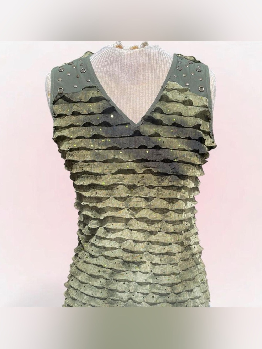 Ruffled V-Neck Sleeveless Top with sequins in Olive Green